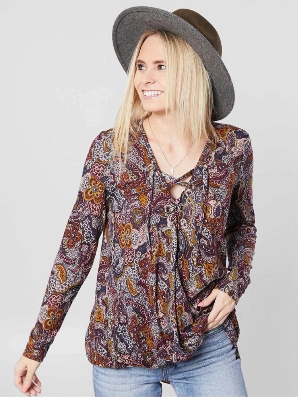 Daytrip Paisley Lace-Up Tunic in Burgundy Multi